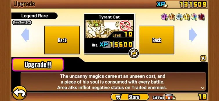 Cat list and upgrades in The Battle Cats