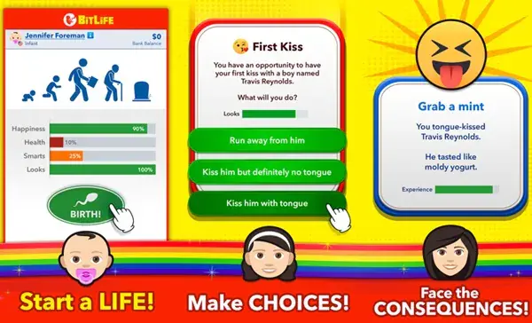 BitLife life simulation interface by age progression