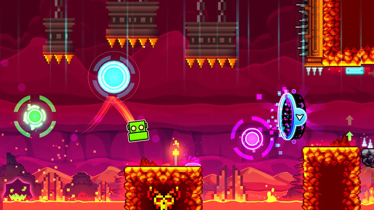 Fast-paced Geometry Dash gameplay with rhythm-based obstacles