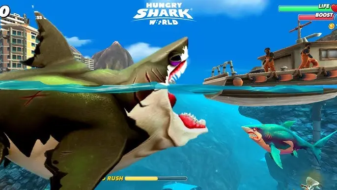 Hungry Shark World fighting ships and helicopters