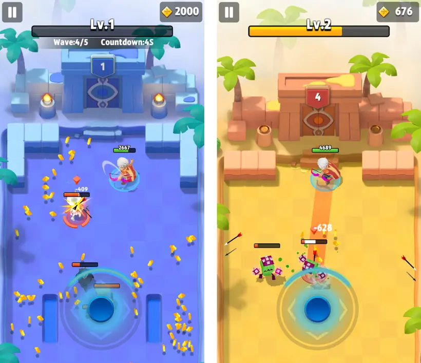 Archero gameplay showing archer fighting multiple enemies