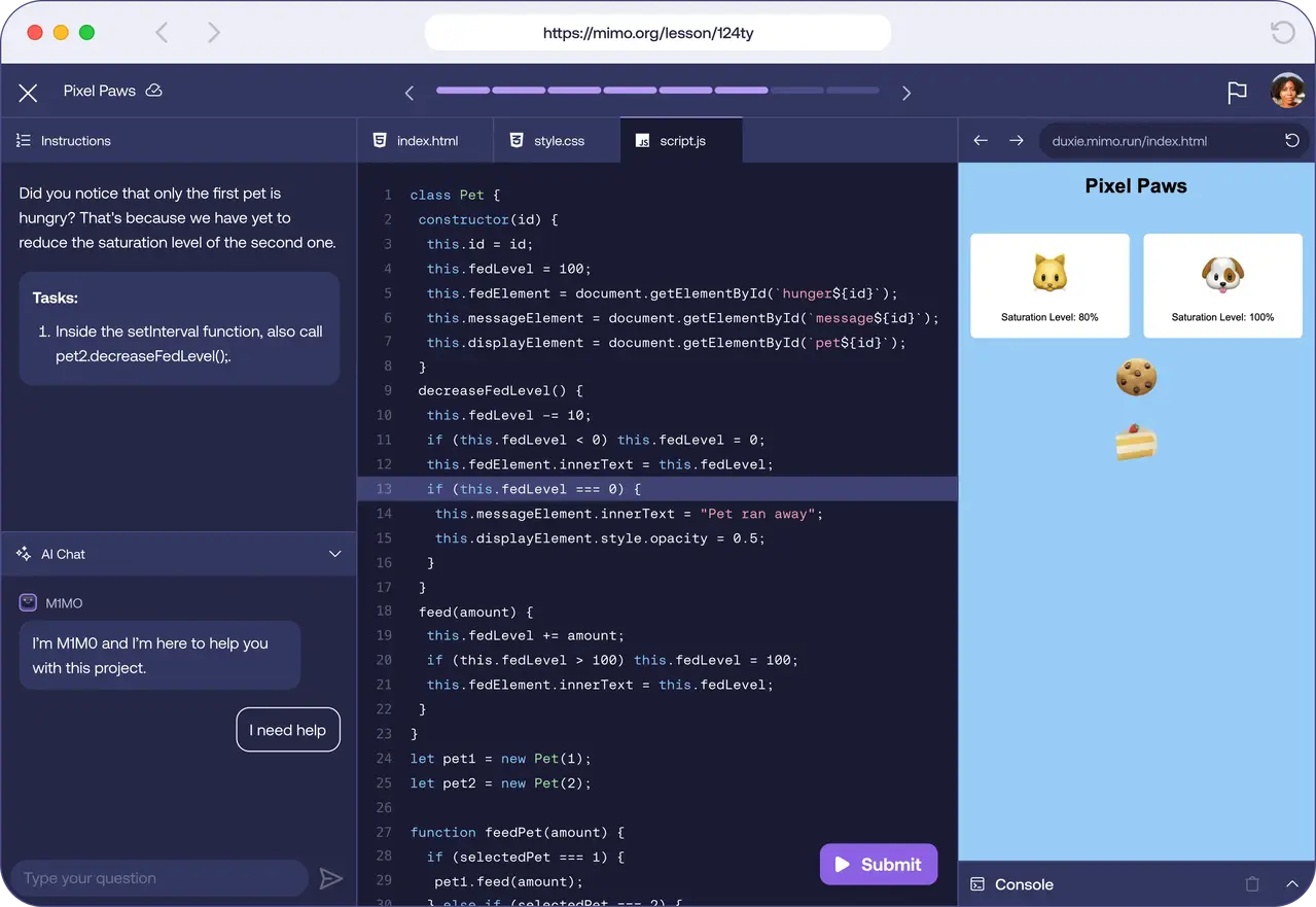 Mimo coding lessons interface