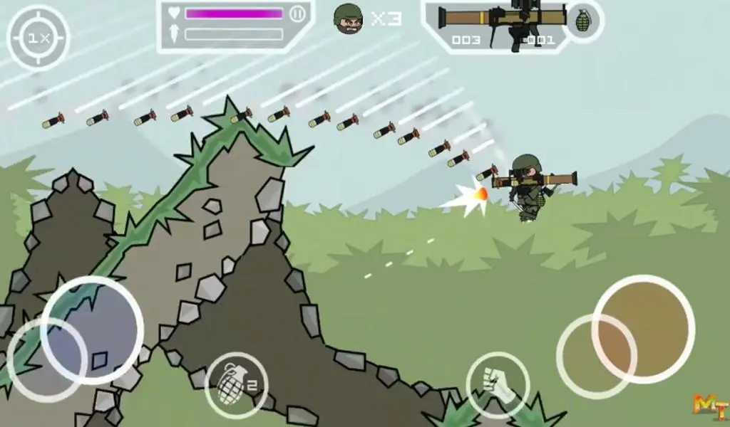 Mini Militia character throwing grenades during combat