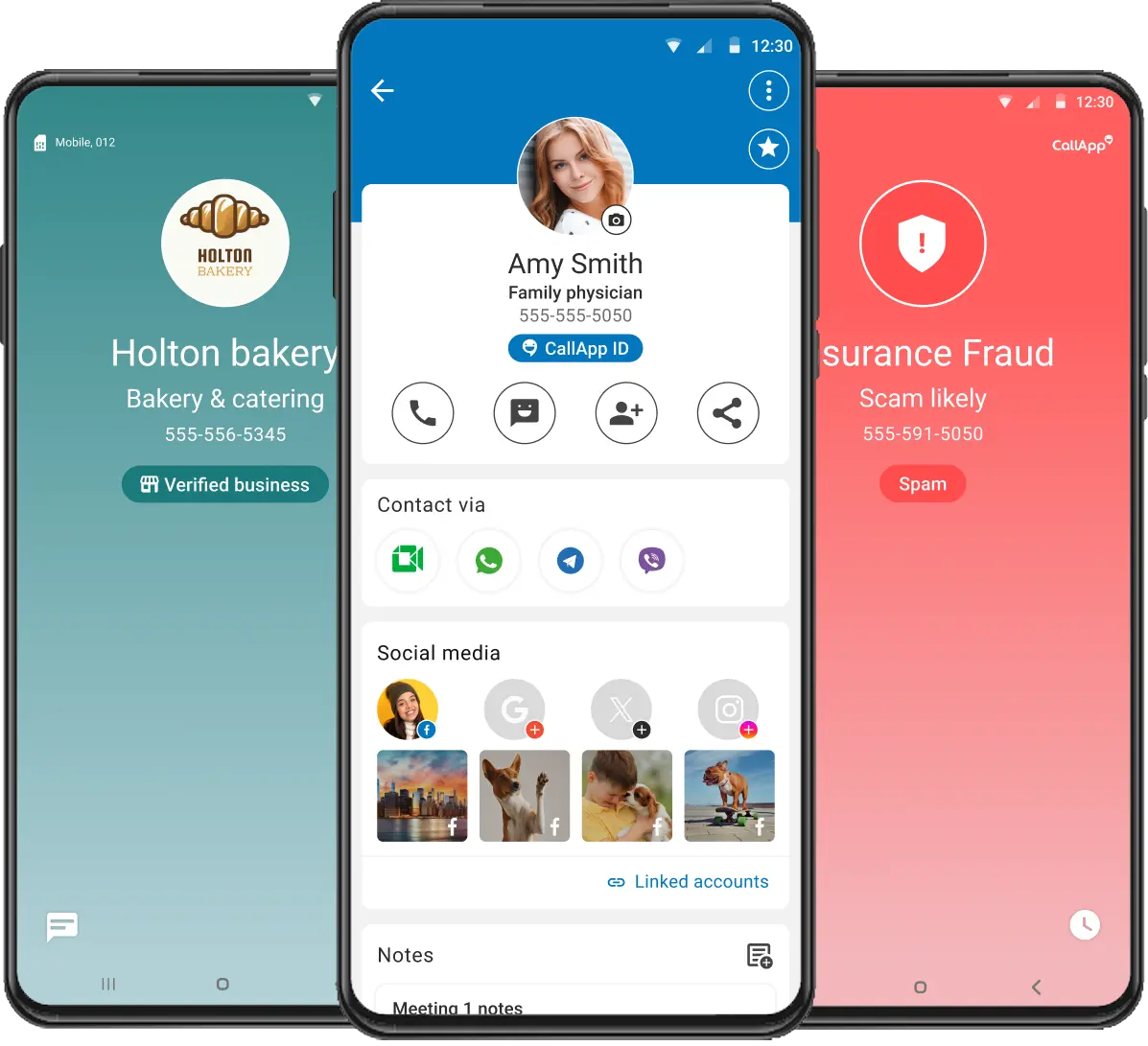 CallApp interface showing contacts and call history