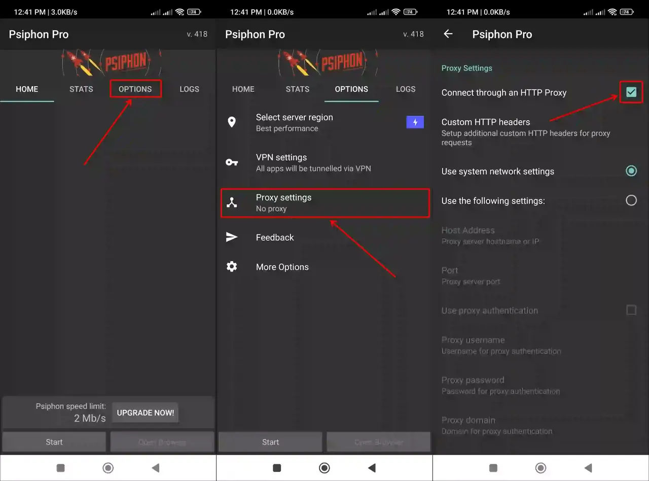 Psiphon Pro settings