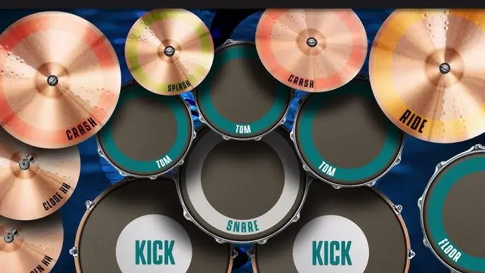 Real Drum interface showing a full drum kit on Android