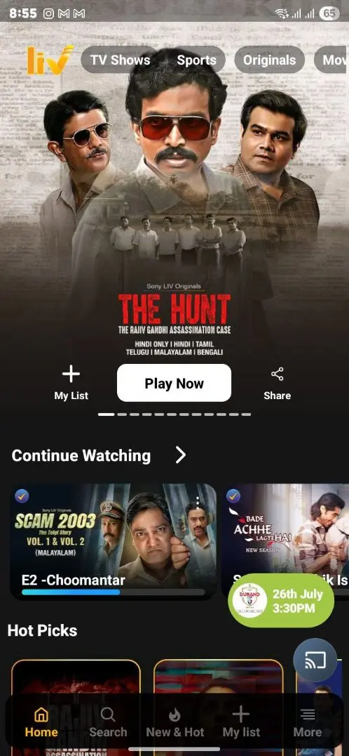 SonyLIV app interface on smartphone