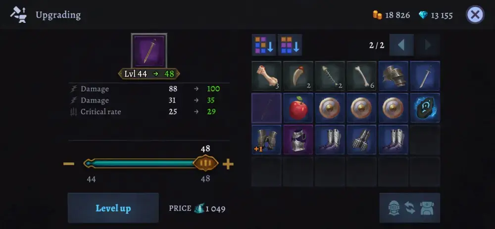 Upgrading gear in Darkrise MOD APK