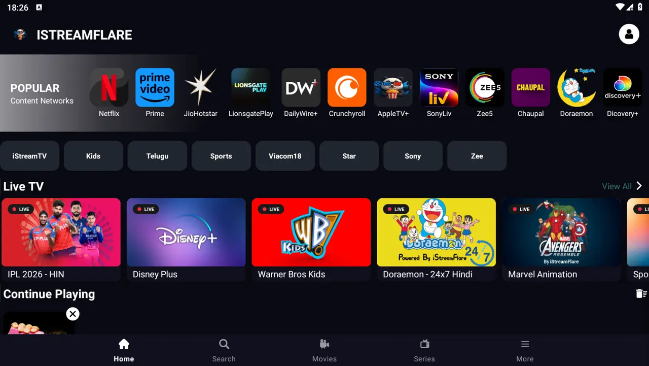 iStreamFlare MOD APK interface on Android