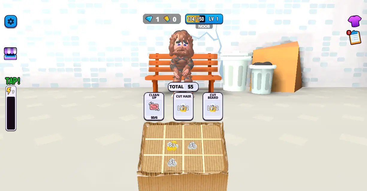 Street Life gameplay showing a character begging on the street